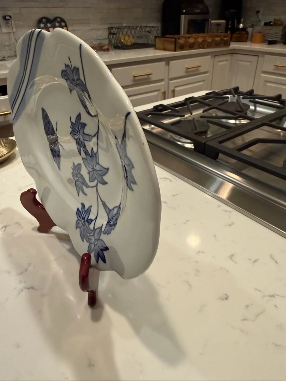 Creative Co-Op Blue & White Botanical Butterfly Oval Serving Platter 12”